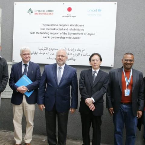 Abiad, the Japanese Ambassador, and the UNICEF Representative Inspect the Medical Supplies Warehouse in Karantina