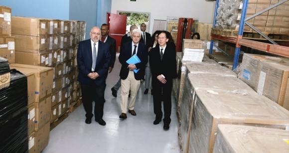 Abiad, the Japanese Ambassador, and the UNICEF Representative Inspect the Medical Supplies Warehouse in Karantina
